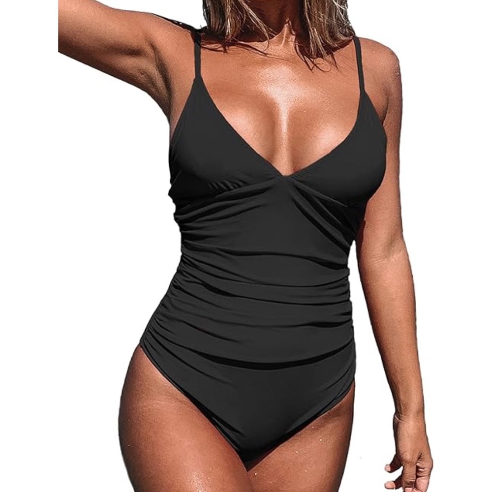 NEW 🖤 Women's Small Black One Piece Swimsuit Tummy Control VNeck Bathing Suit